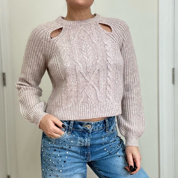 Cut Out Marled Knit Cable Pattern Crew Neck Pullover - Picture 2 of 8